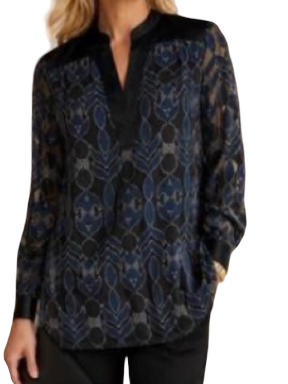 Tory Burch Harbor Silk Tunic Blue Mesh Appliqué Lined Neck Long Sheer Sleeve S